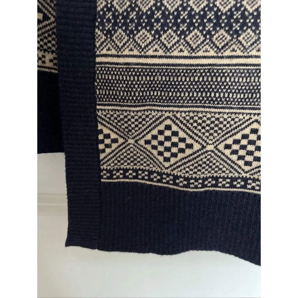 BASS USA S Navy Blue Beige DEER Knit Open Front LONG CARDIGAN Sweater FAIR ISLE